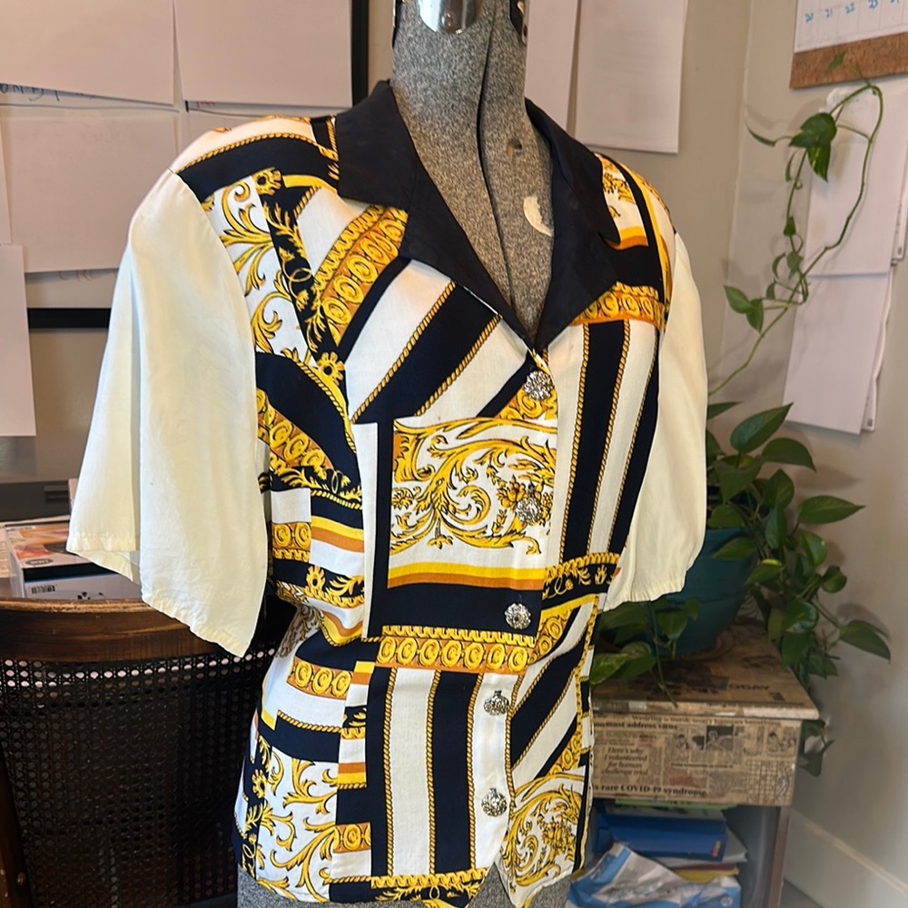 Women's Button Down Shirt with Black and Gold Pattern